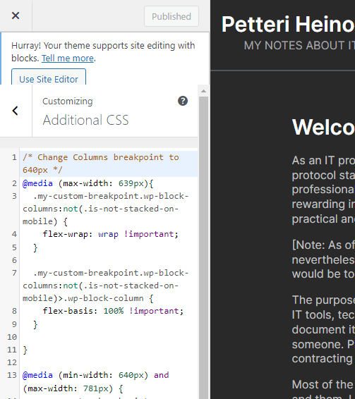 Screenshot demonstrating how narrow the CSS editing area is in WordPress.
